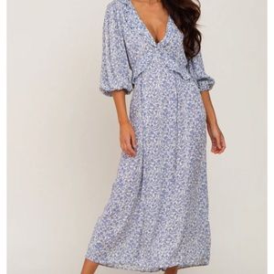 Blue Floral Ruffle V-Neck Maternity Midi Dress